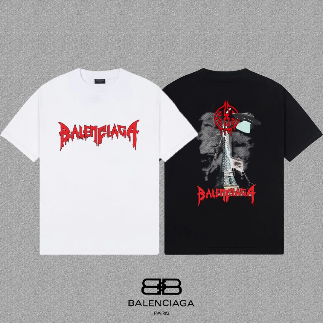 P80✨🔥 BALENCIAGA Paris lettering printed short-sleeved T-shirt. Custom-woven and dyed 300 grams of combed cotton heavyweight fabric. Zero color difference in threads. Perfect details. Different from the current currency version. Welcome to compare. Same Style for men and women. Must-sell in the picture above. Color: White Black Size: 1 2 3 4